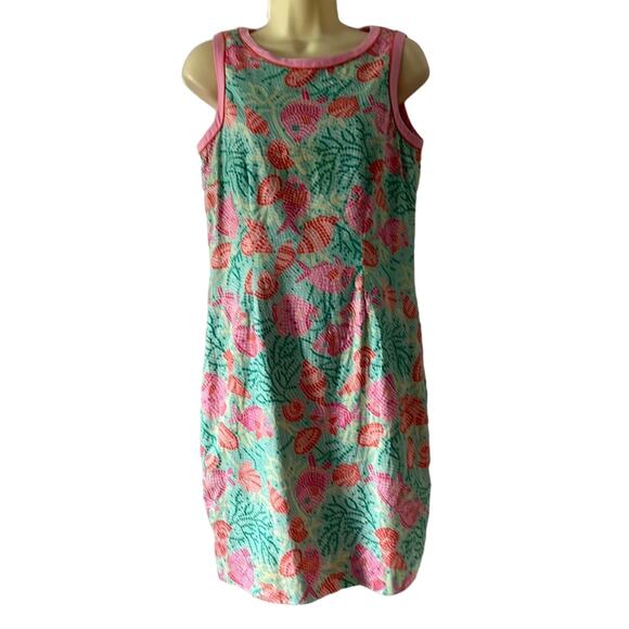 Talbots Petite Sleeveless Fish Print Sheath Dress Green Pink Cotton Woman Sz 8P - Picture 1 of 12